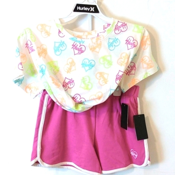 HURLEY PINK WHITE TWO PIECE TWIST TIE TOP & SHORTS SET SIZE XL 12/14 NWT - Picture 4 of 6